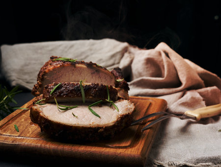 baked piece of pork meat in spices on a wooden board, cut into pieces. Eye of round roast steakの写真素材