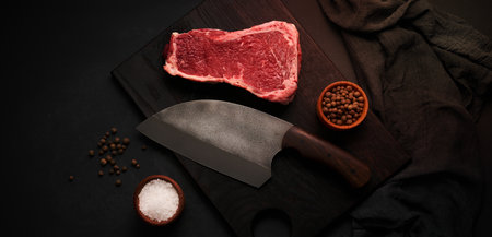 Fresh raw piece of beef meat, striploin steak on a black background, top view. Marbled piece of meatの写真素材