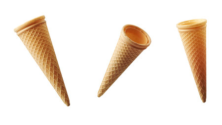 empty cone-shaped waffle cup for dessert, ice cream on white background, setの写真素材