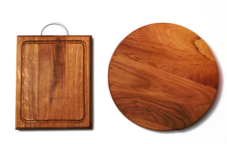 empty round and rectangular wooden cutting kitchen board on white background, top viewの写真素材