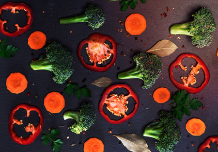 pieces of fresh vegetables broccoli, carrots, paprika on a black background, full frame, top viewの写真素材