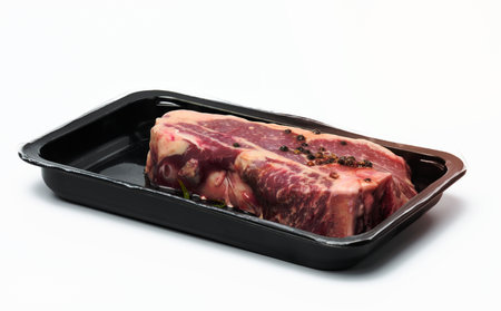 Raw New York beef steak is packed in a plastic container and vacuum sealed. Long-term storage striploin meatの写真素材