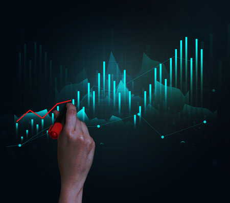 Holographic graph with growing indicators and a woman's hand. Business growth concept, profitable startup, profitable business strategy, sales increase. High performanceの写真素材