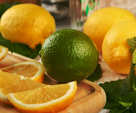 ripe yellow lemons and lime, mint green on a  wooden board, ingredients for lemonade or mojitoの写真素材