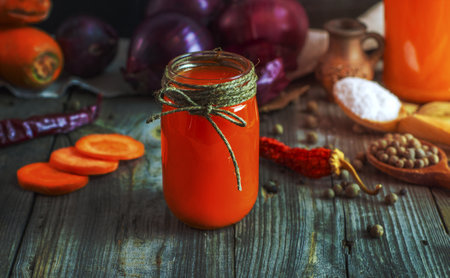 Juice from carrots, onions and spices in a glass jar is on the table, around the spices and fresh vegetablesの写真素材