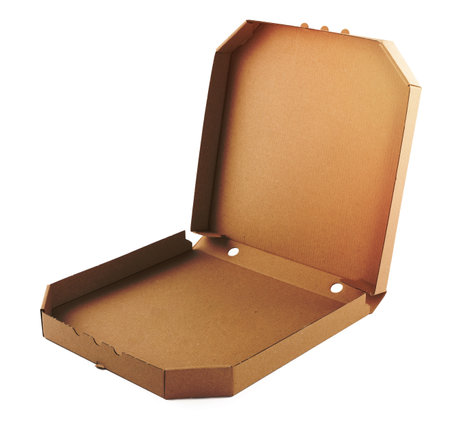 Blank brown open cardboard pizza paper box on white background. Packaging templateの写真素材