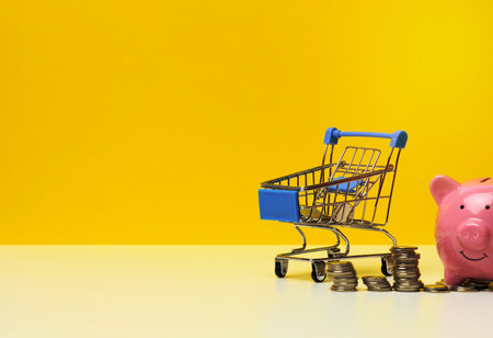 metal miniature shopping cart with change and pink piggy bank on a white table, yellow background. Concept of saving budget, discountsの写真素材