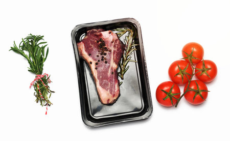 Raw New York beef steak is packed in a plastic container and vacuum sealed. Long-term storage striploin meat, top viewの写真素材