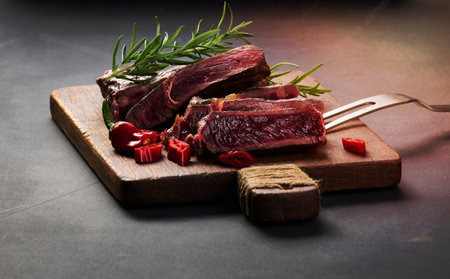 roasted piece of beef ribeye cut into pieces on a vintage brown chopping board, rare doneness. Delicious steak, close upの写真素材
