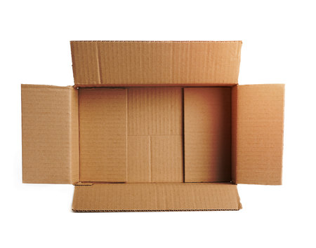 open empty brown rectangular cardboard box for transporting goods isolated on white background, top viewの写真素材