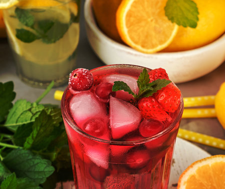 red strawberry lemonade in a glass, top view, close upの写真素材