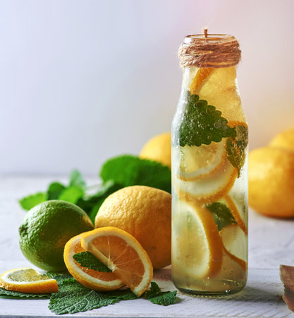 refreshing drink lemonade with lemons, mint leaves, lime in a glass bottle, next to the ingredients for making a cocktailの写真素材