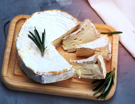 round brie cheese on a wooden board, gray background , top viewの写真素材