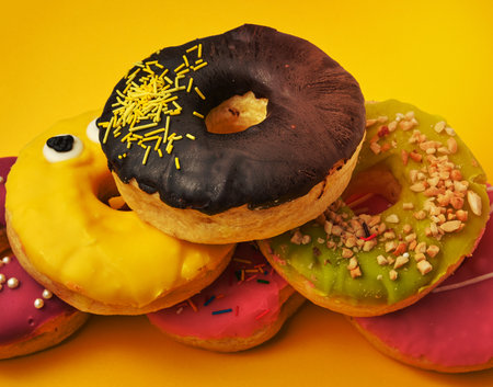 round various sweet donuts with sprinkles, yellow background, close upの写真素材