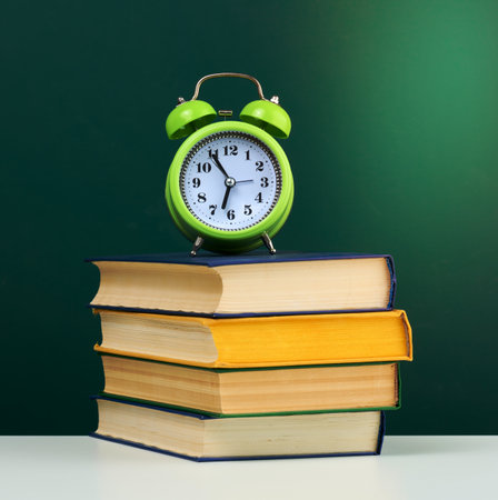 round alarm clock and stack of books on empty chalk green board backgroundの写真素材