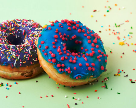 round baked donut with colored sugar sprinkles and with blue sugar icing on a green background, close upの写真素材