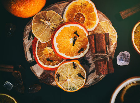 Dried slices of citrus fruits and tea  on a wooden surface ,  top view, vintage toningの写真素材