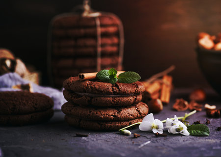 round chocolate chip cookies with cream, vintage toningの写真素材