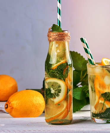 summer refreshing drink lemonade with lemons, mint leaves, lime in a glass bottle, next to the ingredients for making a cocktailの写真素材