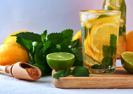 summer refreshing drink lemonade with lemons, mint leaves, lime in a glass, next to the ingredients for making a cocktailの写真素材