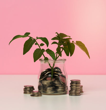 white coins in a glass jar and on the table, sprout with green leaves on a white table. Income growth concept, high percentage of investmentの写真素材