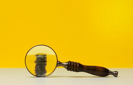 stack of coins and a wooden magnifier on a white table, yellow background. The concept of analysis of budget funds, control of expenditures and incomes. Small salary, fundraising for a startupの写真素材