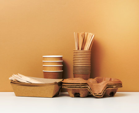 stack of brown disposable paper cups and a tray on a white table, wooden forks and knives, brown background. Utensils for takeaway drinks, zero wasteの写真素材