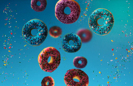 sweet multicolored donuts levitate on a blue background, sugar sprinkles are flying aroundの写真素材