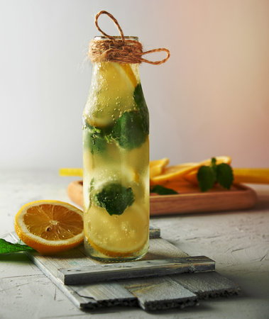summer refreshing drink lemonade with lemons, mint leaves, lime in a glass bottle, next to the ingredients for making a cocktailの写真素材