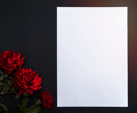 three red blooming roses on a black background and an empty white paper sheet, copy spacemourningの写真素材