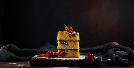 Stack of square slices of baked plum biscuit cakeの写真素材