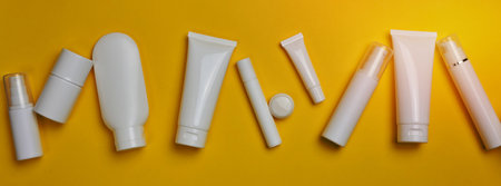 Various types of white plastic packaging: a bottle, a jar, a tube on a yellow background. Container for cosmetics, top viewの写真素材