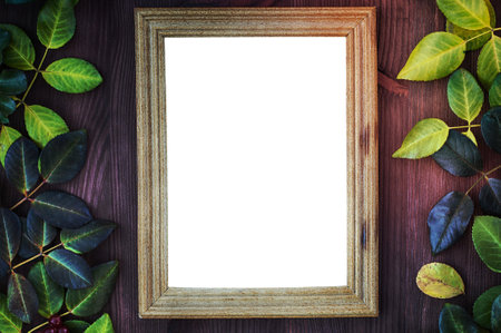 Vintage wooden background with blank frame for the inscriptions on the sides of yellow and green leavesの写真素材