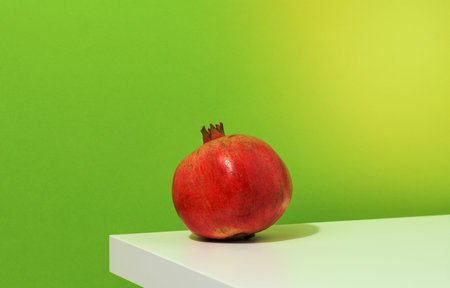 whole ripe red pomegranate on white table, green backgroundの写真素材