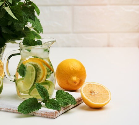 transparent glass decanter with slices of lemon, lime and mint leaves on a white table, detox. Behind the ingredients for the drinkの写真素材