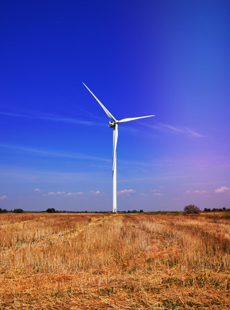 Windmill in a field against a blue sky, summer dayの写真素材