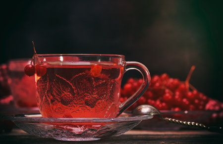viburnum tea in a transparent cup with a handle and saucer on a gray wooden table, next to fresh berriesの写真素材