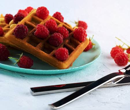 Stack of baked Belgian waffles with ripe red raspberryの写真素材