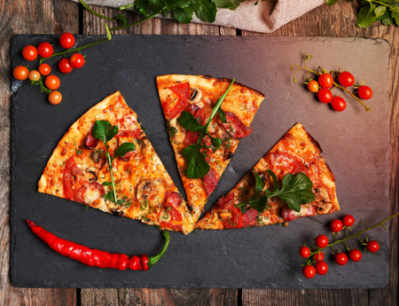 triangular piece of baked pizza with mushrooms, smoked sausages, tomatoes and cheese, black background, flat layの写真素材