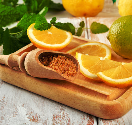 ripe yellow lemons and lime, brown sugar and a bunch of fresh mint on a white wooden board, ingredients for lemonadeの写真素材