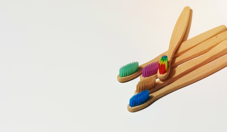 wooden toothbrushes on a white background, zero waste. Top viewの写真素材