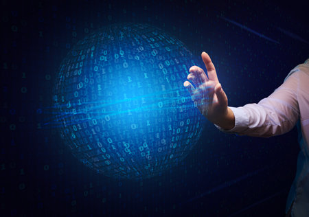 woman stands in front of a virtual screen with a binary code. Data verification, device and network control. Data protection, search for information leakageの写真素材