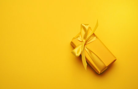 yellow rectangular box with a gift wrapped in yellow paper and tied with a silk yellow ribbon, top viewの写真素材