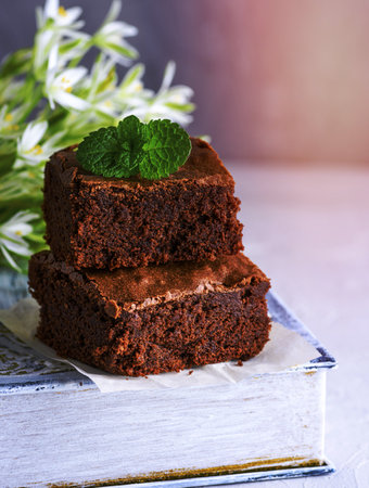 two square baked pieces of chocolate brownie pie,  close upの写真素材