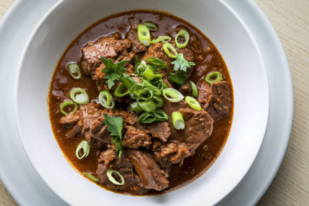 A photo of a dish with a rich, reddish-brown sauce containing chunks of meat.