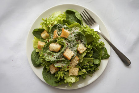 a white plate with a green salad.の写真素材
