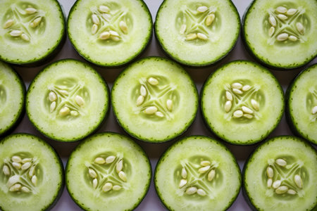 A photograph showcasing a close-up arrangement of thinly sliced cucumbers