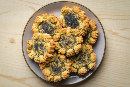 A photograph of several crumbly biscuits generously sprinkled with poppy seedsの写真素材