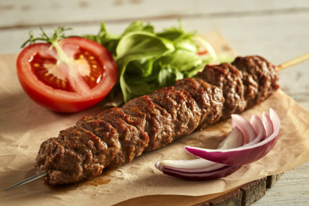 a grilled kebab served on a white plateの写真素材