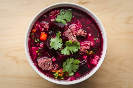 A photo of a bowl of vibrant red beet soup